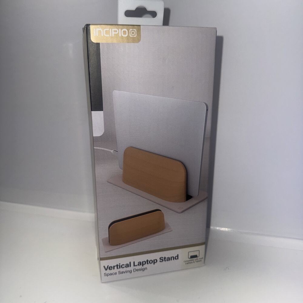 Incipio Vertical Laptop Stand Oak Wood Space Saving Desktop Holder Sealed Box